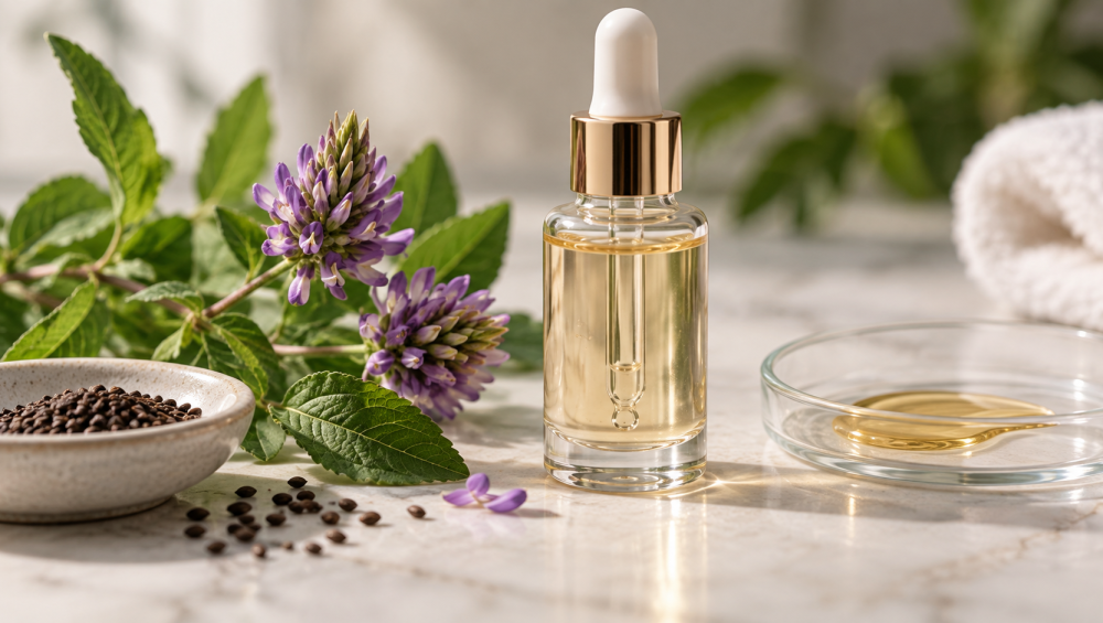 Bakuchiol and retinol skincare serum with botanical ingredients