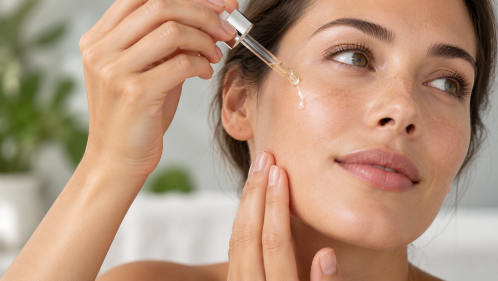 Woman applying peptide serum to her face with a dropper