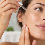 Woman applying peptide serum to her face with a dropper