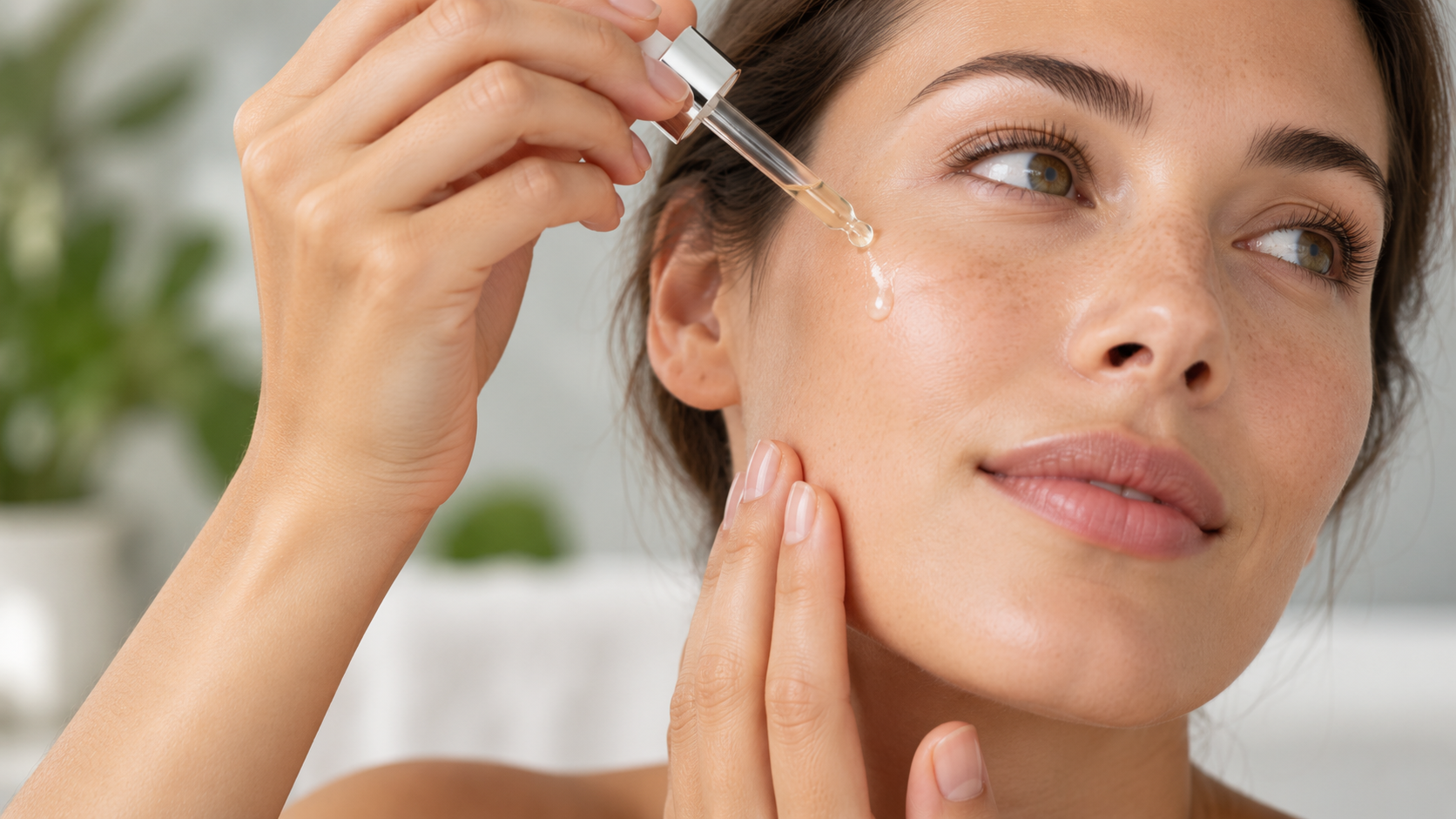 Woman applying peptide serum to her face with a dropper