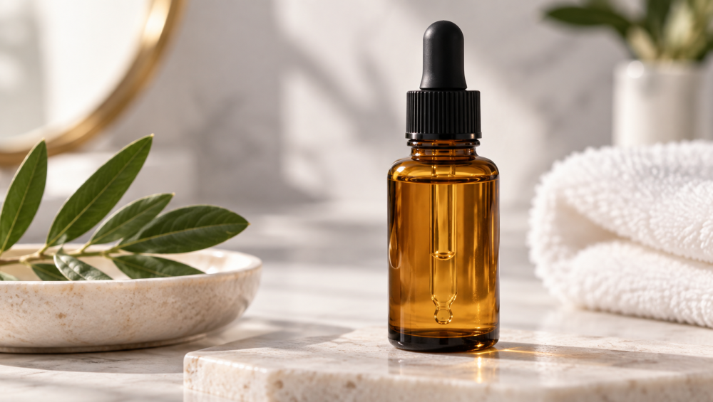Amber dropper bottle of retinol serum in a skincare setting