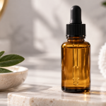 Amber dropper bottle of retinol serum in a skincare setting
