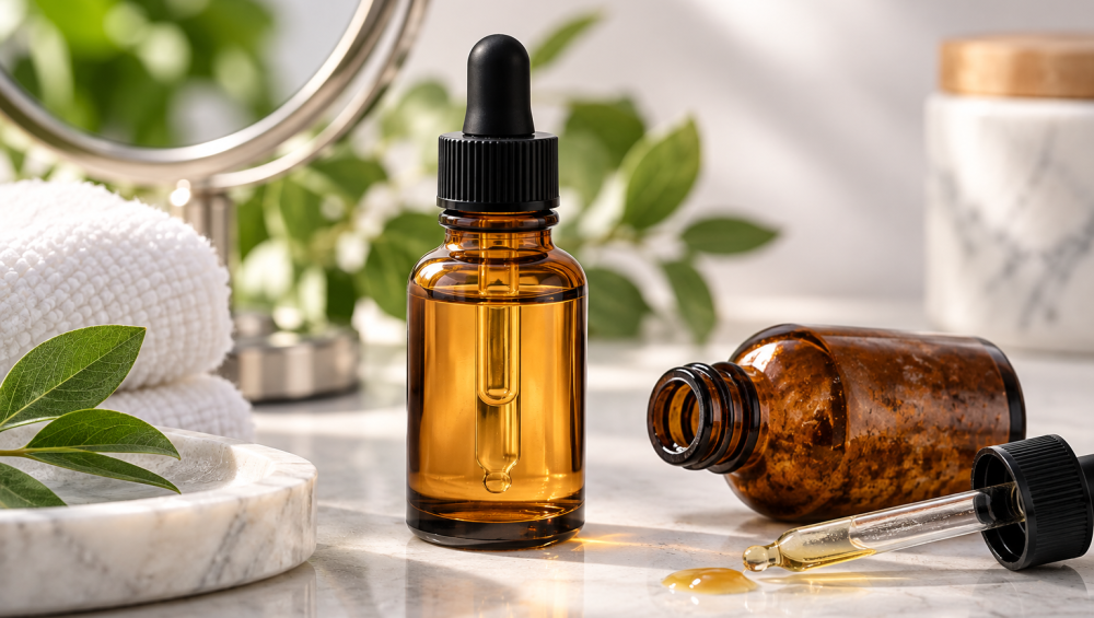 Retinol serum bottles illustrating fresh and expired skincare