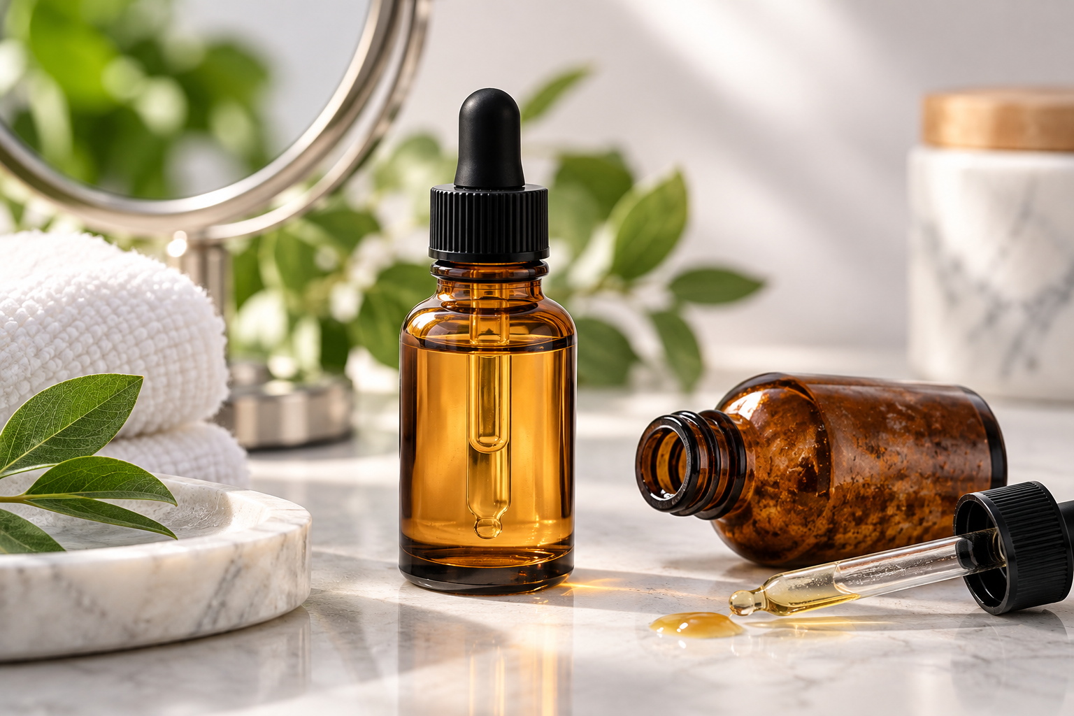 Retinol serum bottles illustrating fresh and expired skincare