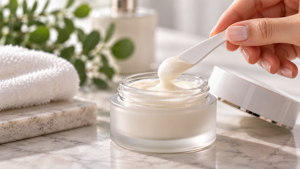Cosmetic spatula removing cream from a skincare jar