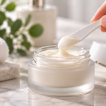 Cosmetic spatula removing cream from a skincare jar