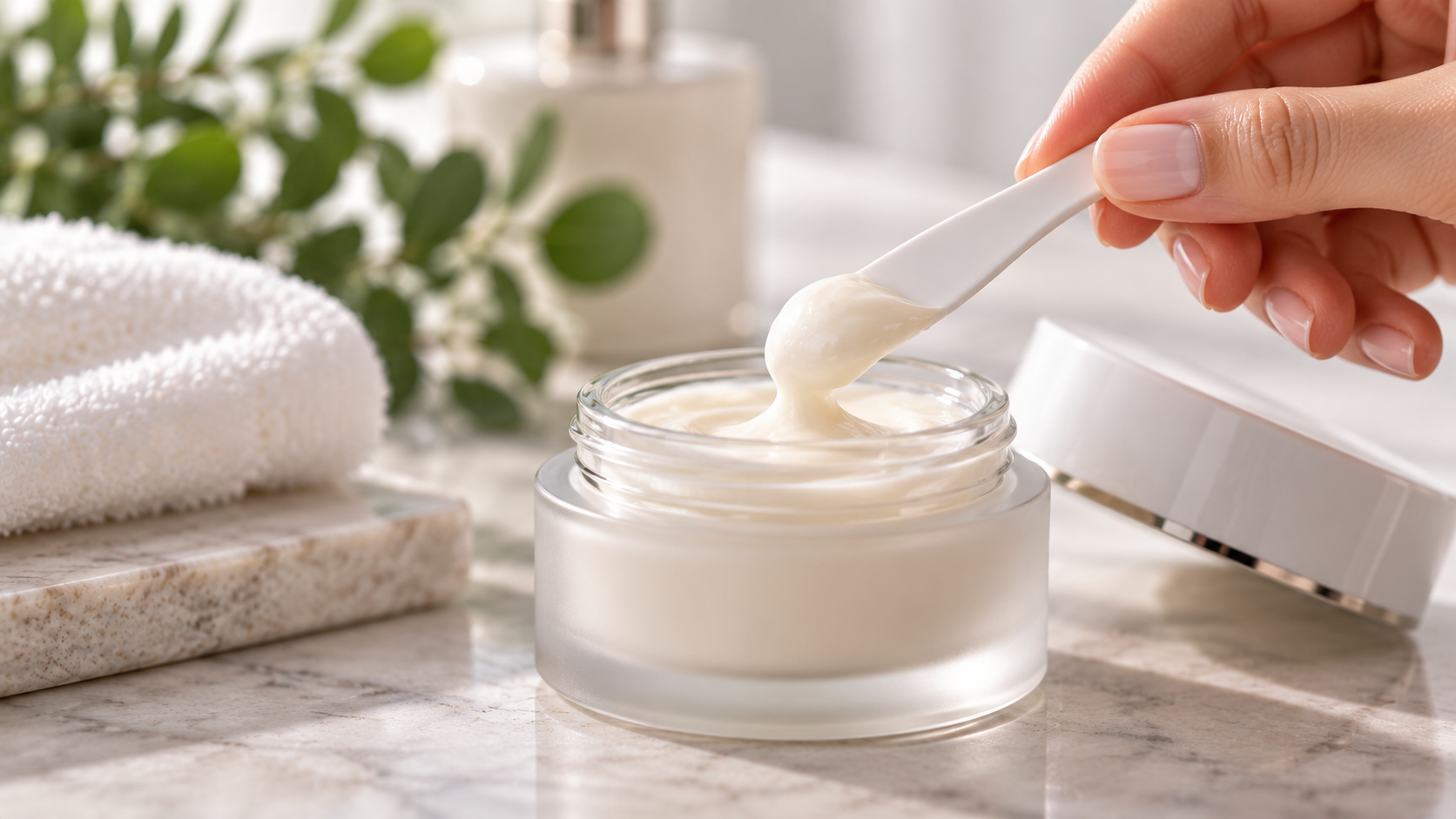 Cosmetic spatula removing cream from a skincare jar