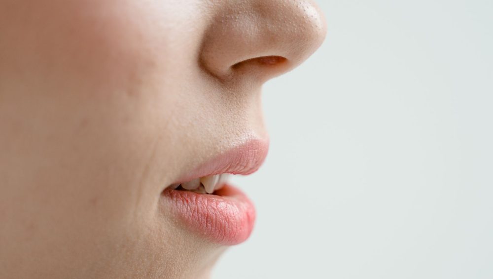 Close side view of a nose, cheek and lips against a pale background, bare skin with natural pores visible on the nose