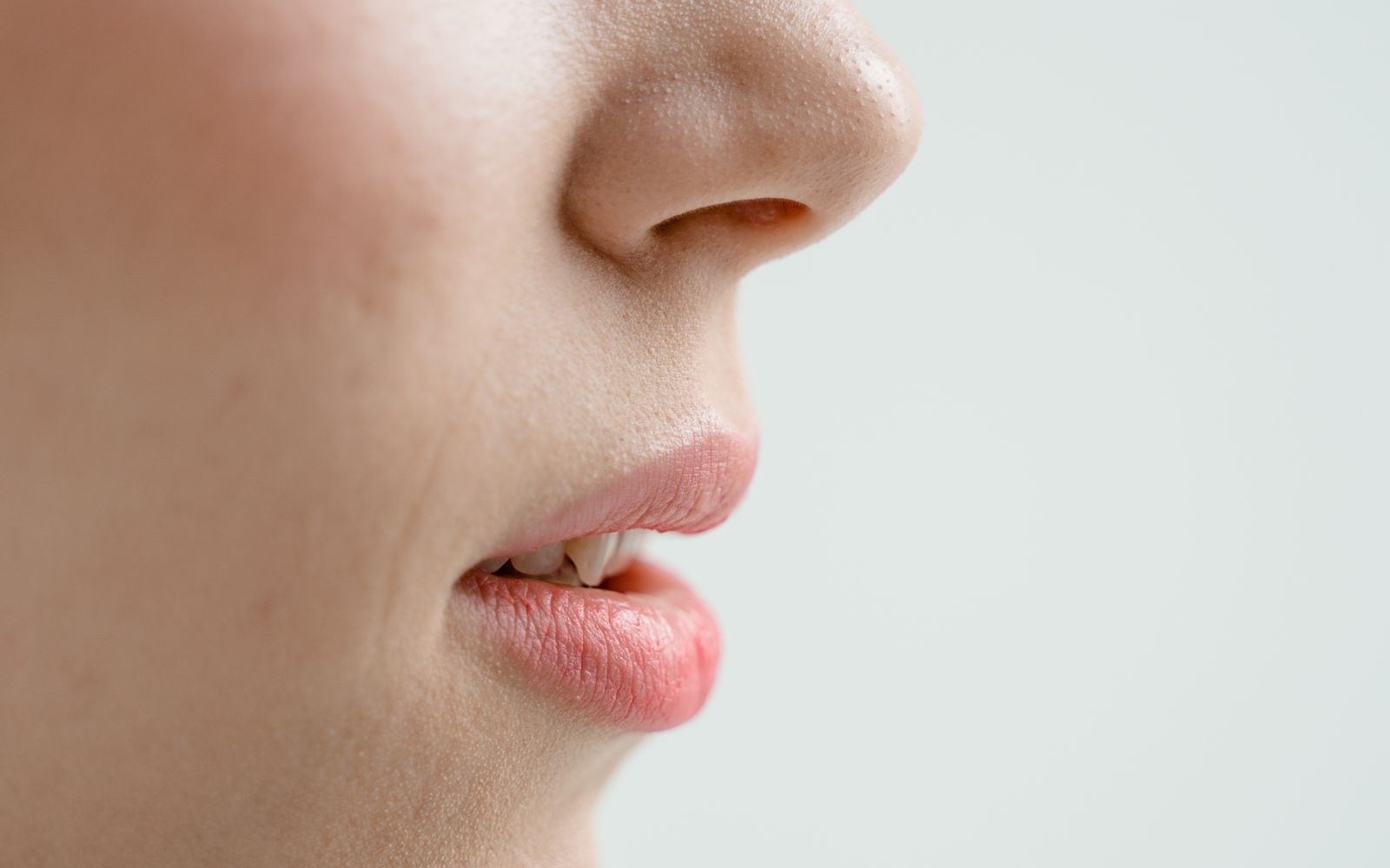 Close side view of a nose, cheek and lips against a pale background, bare skin with natural pores visible on the nose