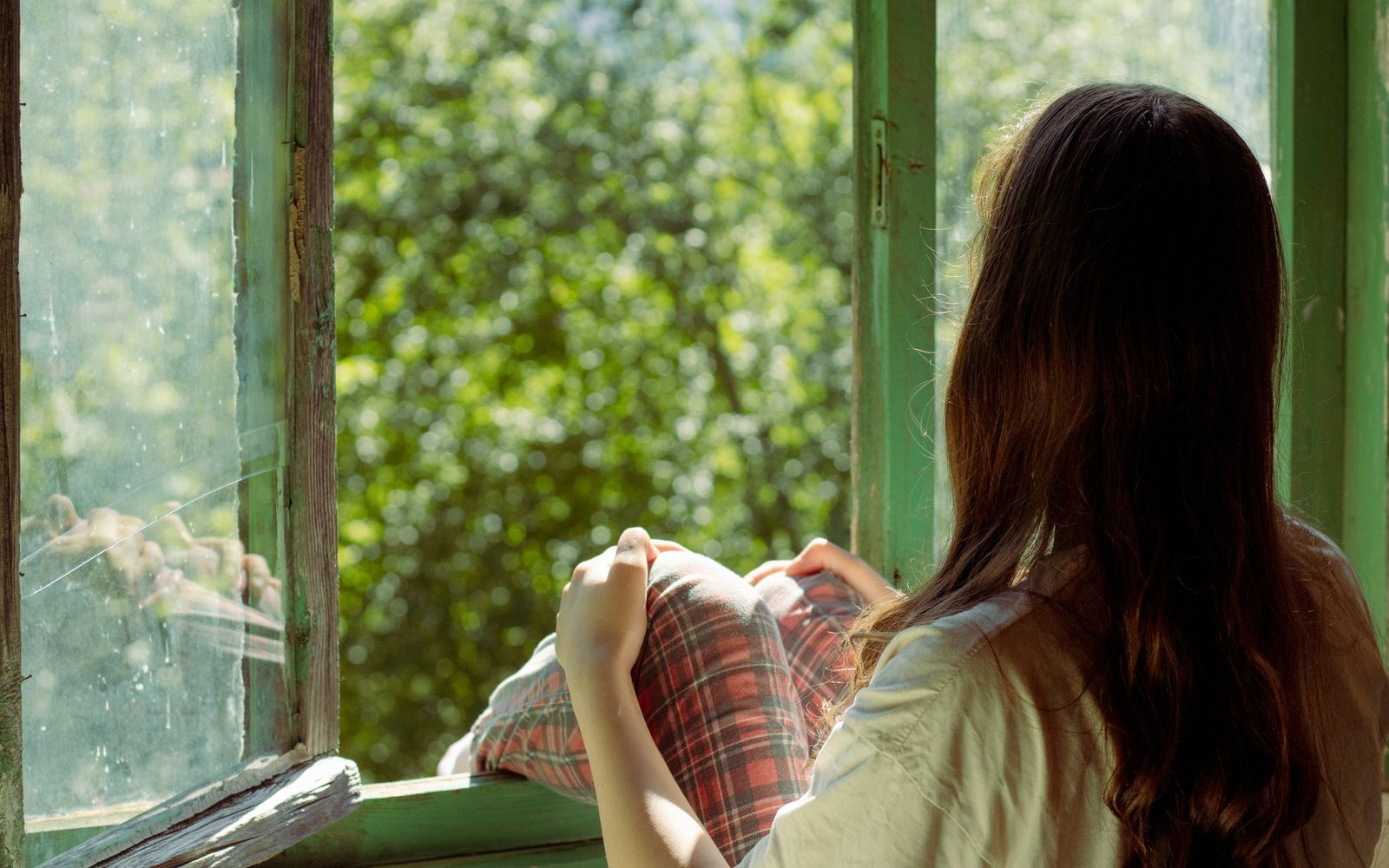 A woman sitting at a wide open window, looking out at lush green trees on a bright summer day