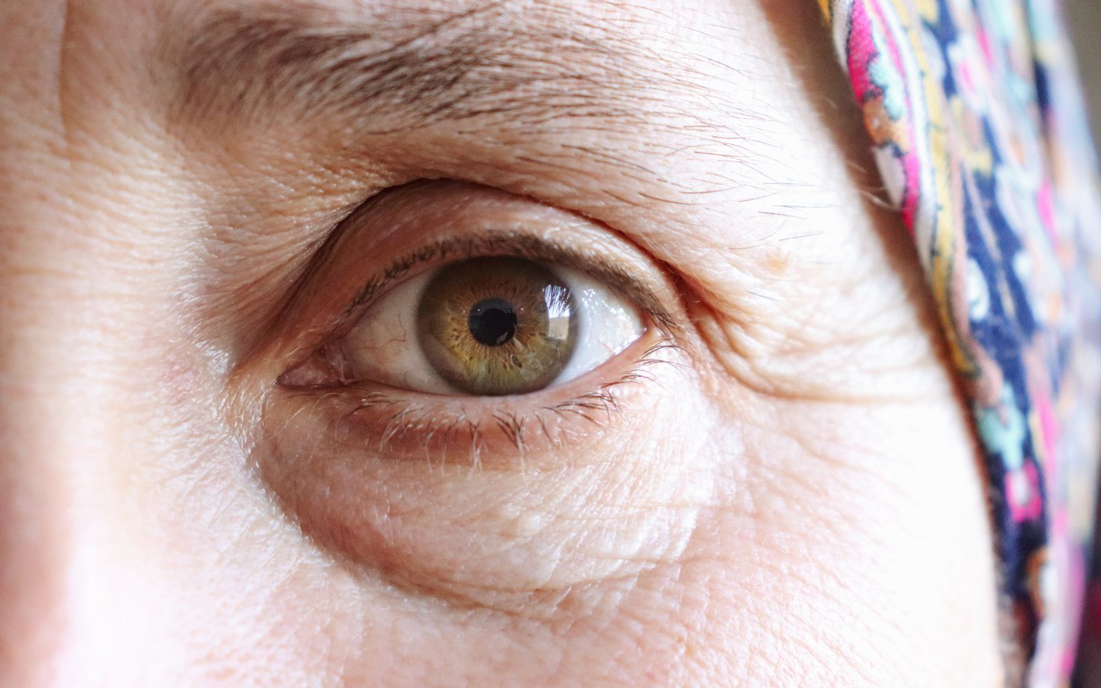 Close-up of a mature woman's eye, fine lines visible at the outer corner, unretouched