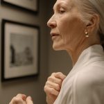 Profile of a woman in her sixties, jaw and neck in soft indoor light, unretouched